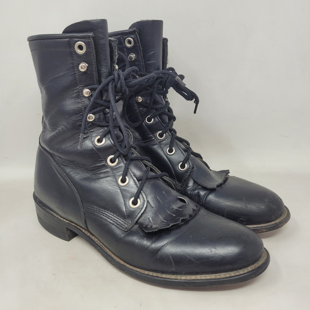 Vintage Justin Boots 6B Black Leather Kiltie Western Cowgirl Rodeo Lacer Granny